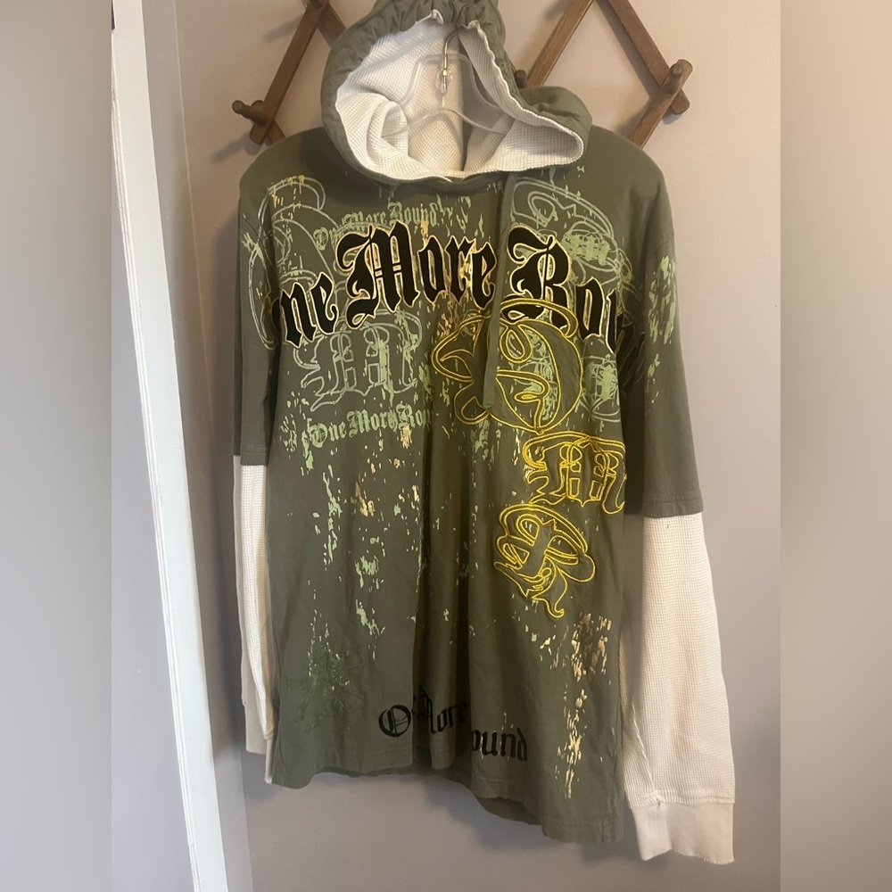 Y2K One More Round OMR MMA boxing fight shirt thermal sleeves olive green L